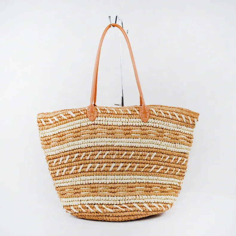 Handmade fashion hand woven bag leisure simple Crochet straw bag summer lady beach style woven shoulder bag Black Apricot