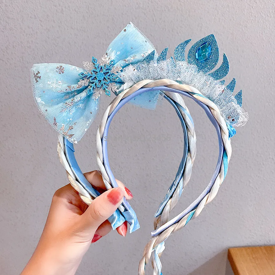 Bambino principessa corona fiocco di neve fascia granatina fiocco nodo parrucchino treccia capelli anello fascia cerchio bambini ragazze gioielli cosplay Will e Sandy