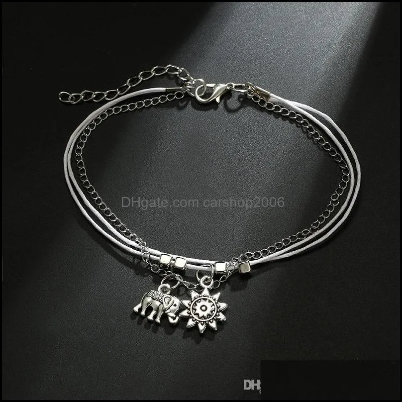 Bohemian alloy animal foot ornament elephant sun multi-layer leather rope square bead chain anklet
