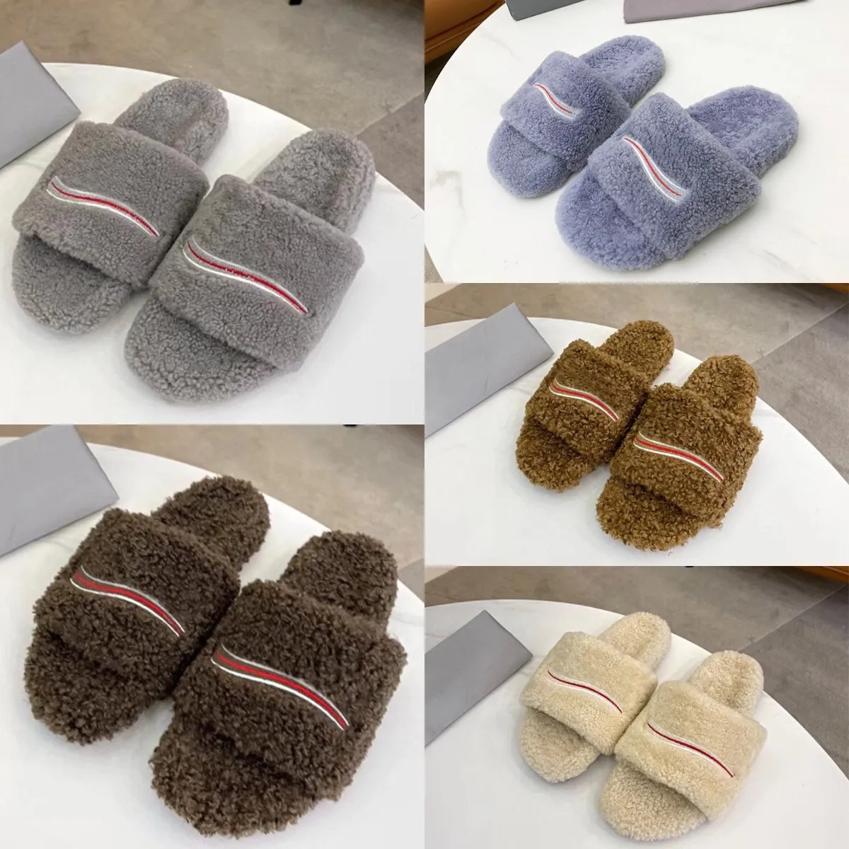 Designer Wool Slippers Women Solid Color Embroidery Flip Flop Winter Original Rubber Non-slip Wear-Resistant Bottom Autumn Sheep Leather Dupe Plush Sandals Box