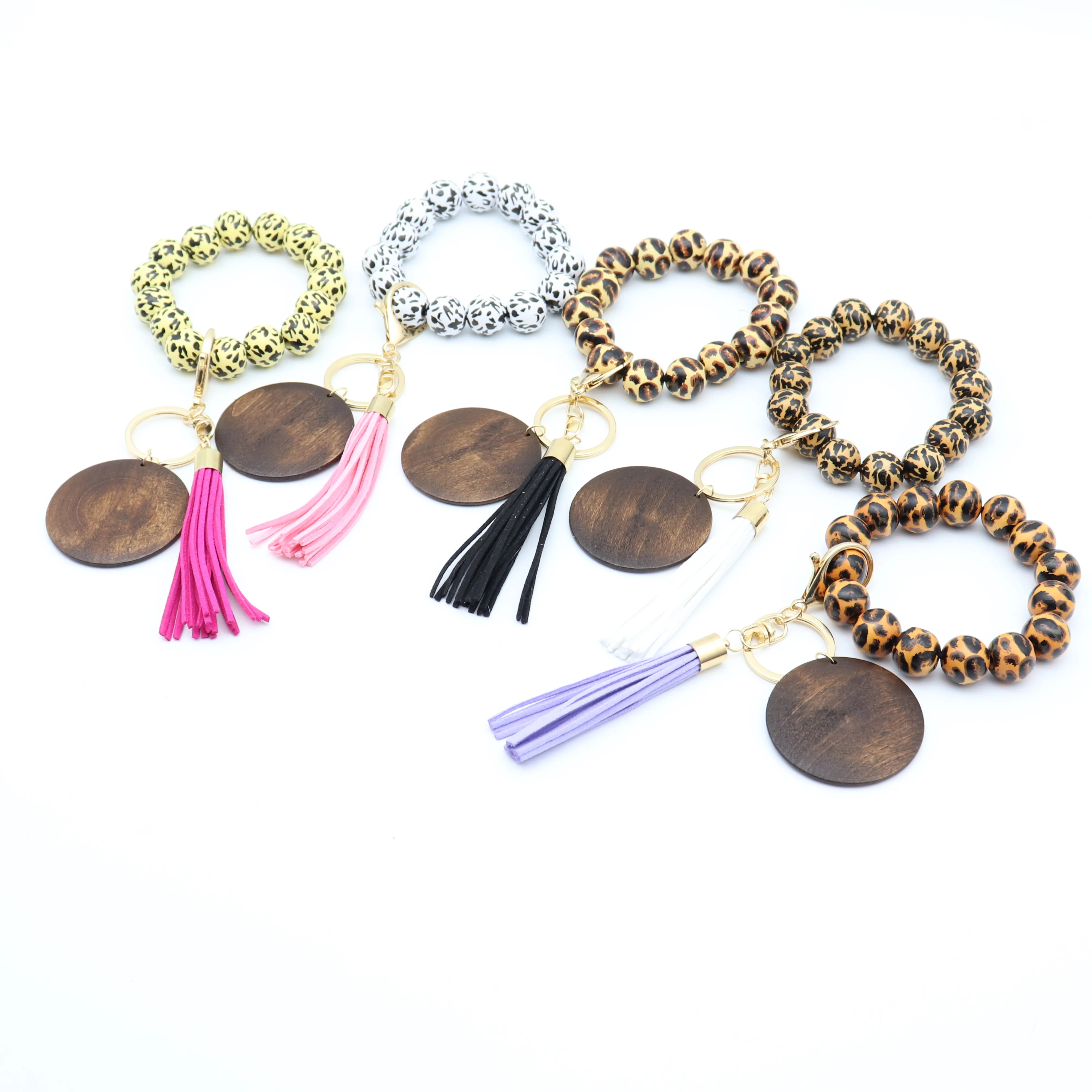 2021 personalized beaded wooden bead keychain, a variety of leopard print disc tassel pendant bracelet manufacturers wholesale