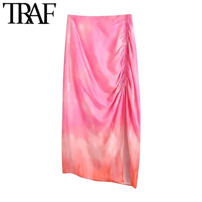 TRAF女性シックファッションタイ色のドレープスリット裾MIDIスカートビンテージハイウエストバックジッパー女性スカートMujer 210629