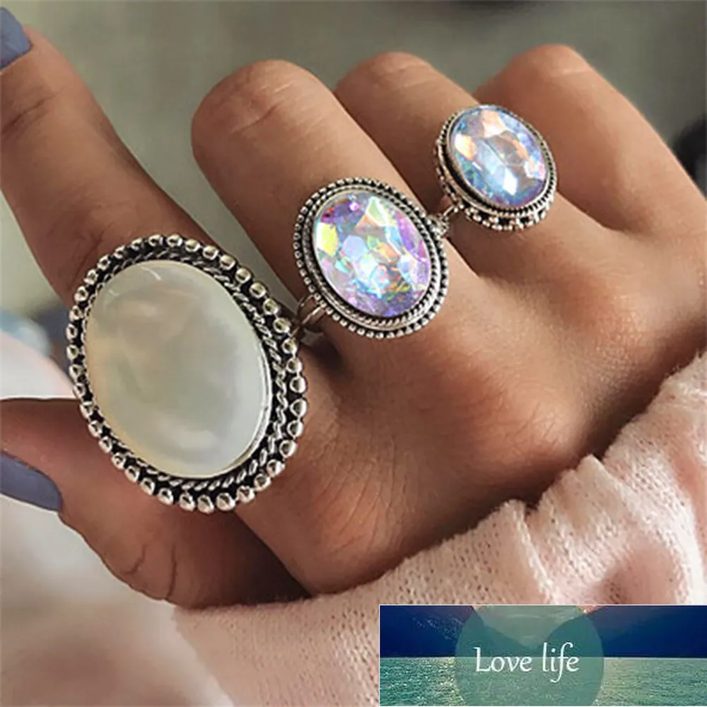 3 Set Vintage Big Opal Stone Midi Ring Set For Women Antique Silver Color Round Knuckle Rings Boho Jewelry