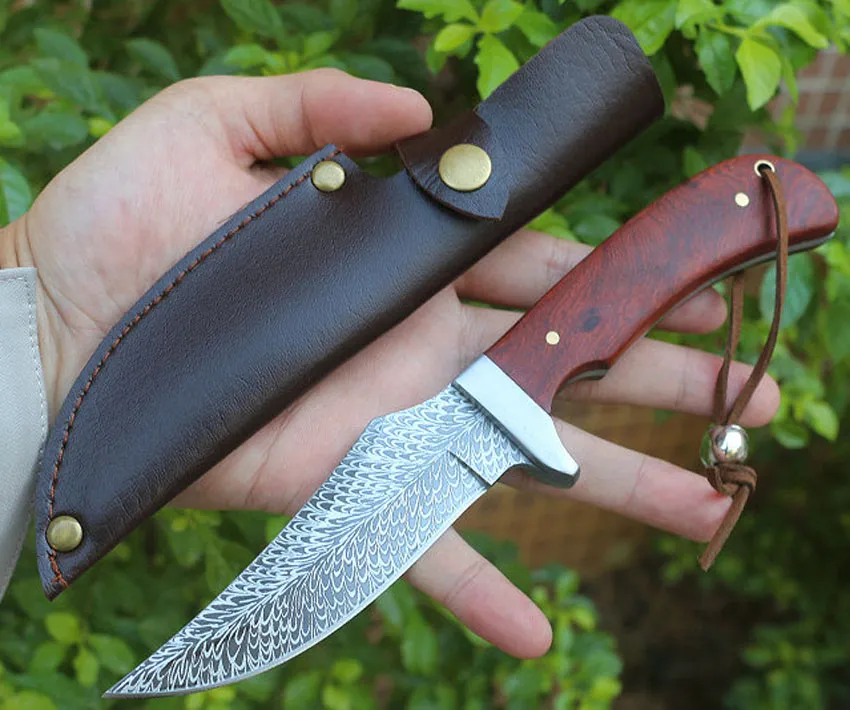 New Survival Straight Knife 3Cr13Mov Drop Point Blade Wood + Steel Head Handle Fixed Blade Knives With Leather Sheath