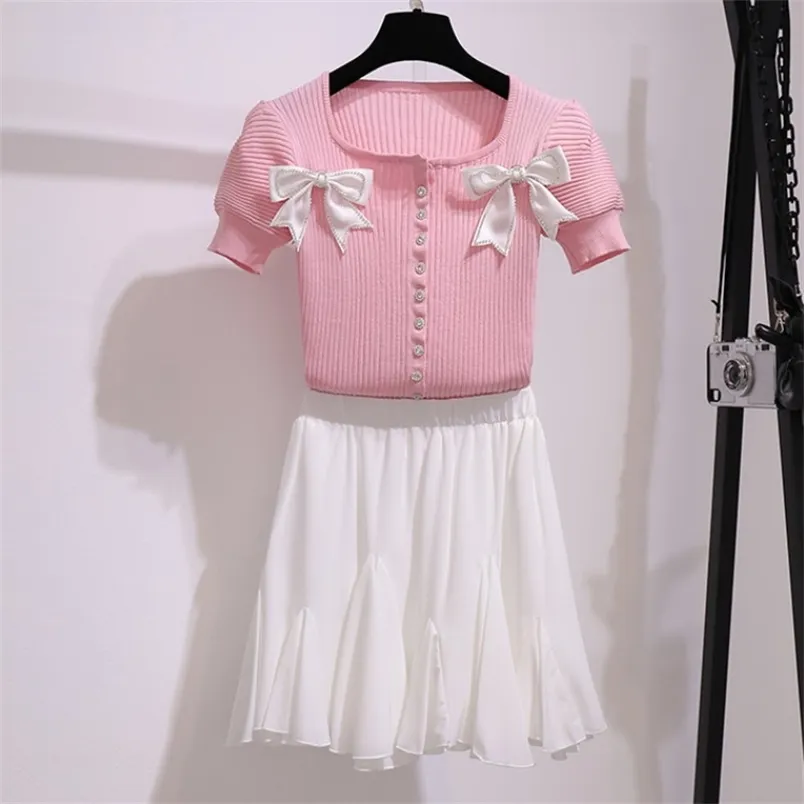 Zoete roze tweedelige set elegante boog vierkante kraag gebreide korte mouw top + witte chiffon mini rokken pakken zomer outfits 210519