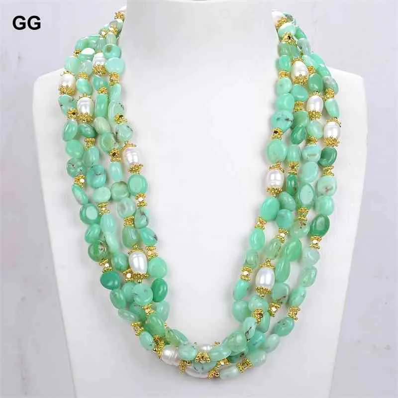 GuaiGuai Jewelry Halskette mit natürlichen 4 Strängen, grünem Chrysopras, echten Edelsteinen, kultivierten weißen Reisperlen, 50,8 cm