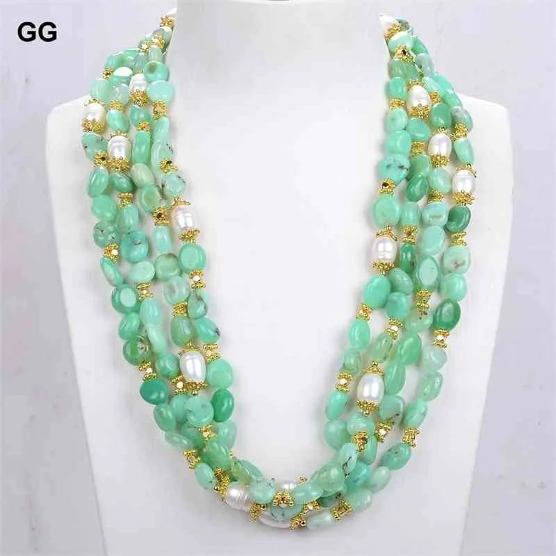 GuaiGuai Bijoux Naturel 4 Brins Vert Chrysoprase Véritables Gemmes Culture Blanc Riz Perle Collier 20"