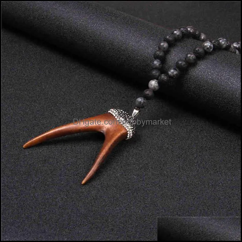 Tibetan Natural agat lava stone strand beads necklace Cow Bull Ox Head tooth Skull Charms necklace Men Women amulet Lucky Gift 210323