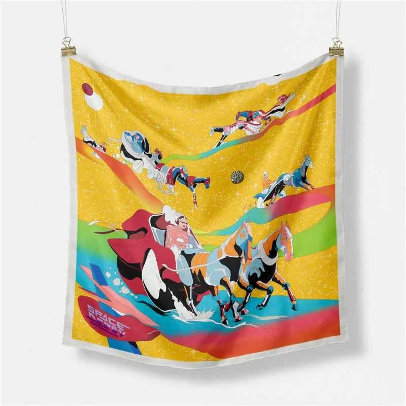 Sjaals 53 cm ruimtemerk vierkante sjaal dames 2021 ontwerp paarden luxe zijden bandana hoofdband mode hijab nekerchief