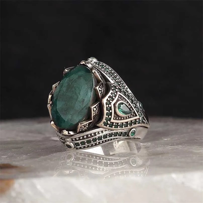 925 Sterling Silver Ring för män Emerald Stone Smycken Mode Vintage Present Onyx Aqeq Mens Ringar All Storlek 211217