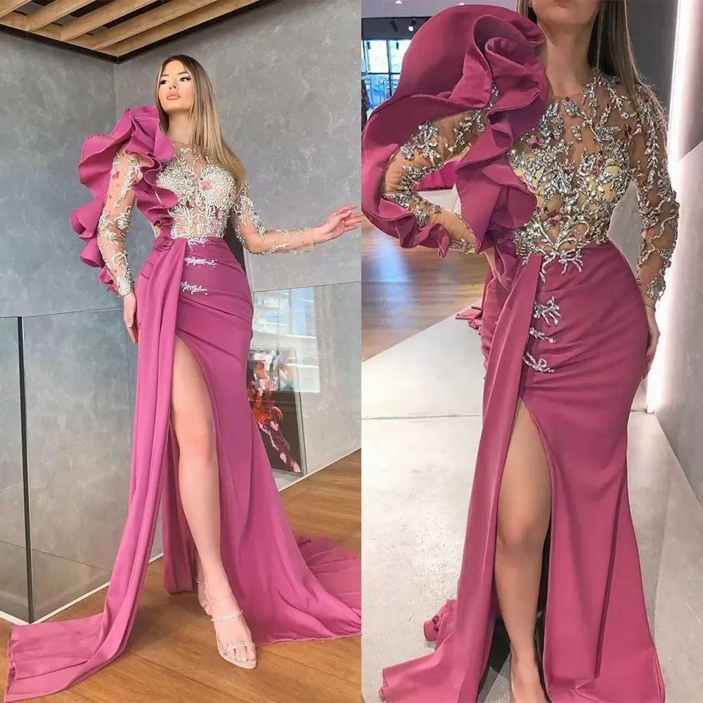 2022 Illusion Mermaid Prom Dresses Tiered manica lunga perline abiti da sera Side Split formale abito da festa in raso vestido de novia