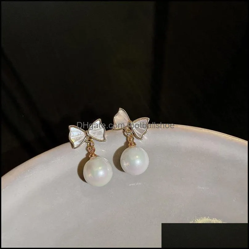 Dangle & Chandelier Sweet Big Round Pearl Shell Bow Earrings For Woman Korean 2021 Party Girl`s Drop Earring Fashion Jewelry