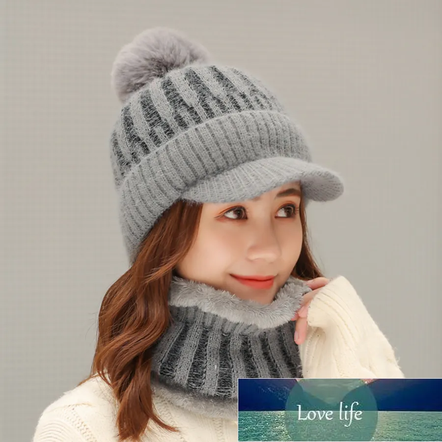 Brand New Winter Visor Hats Women Mixed color knit Beanie Skullies Hat Female Thick Velvet Hair Ball Warm Bonnet Caps Bib Set Factory price expert design Quality