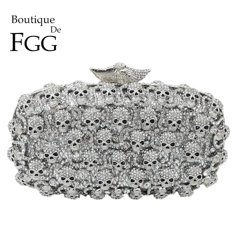 Boutique De FGG Diamond Skull Clutch Damen Abendtaschen Damen Kristall Handtaschen und Geldbörsen Hochzeit Gala Abendessen Minaudiere Tasche 220225