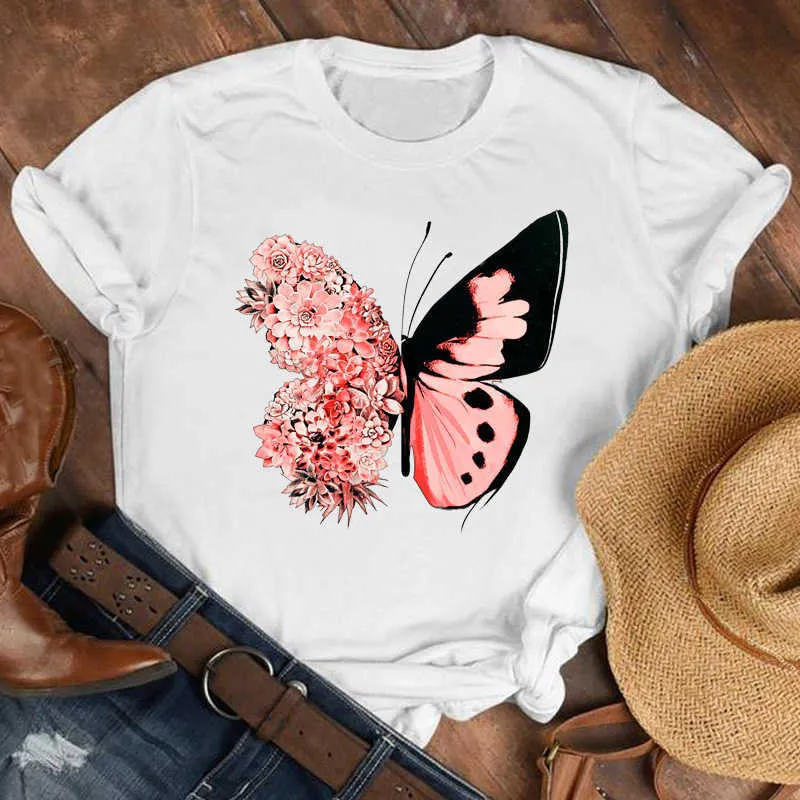 Kobiety Lady Cartoon Butterfly Kwiatowy Elegancki 2020 Spadek Jesień Koszula Ubrania Tshirt Tee Womens Top Kobieta Print T Graphic T-shirt X0527