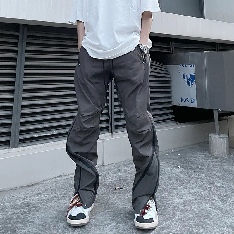 Hip Hop Ankle Zipper Pockets Vibe Cargo Pants Mens Drawstring Waterproof Pleated Straight Oversize Casual Trousers