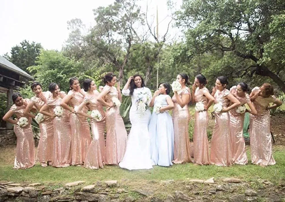 Eleganti abiti da damigella d'onore a sirena con paillettes in oro rosa lunghi Maxi lunghezza del pavimento Abiti da cerimonia per matrimoni formali aperti sul retro Personalizzati per le donne