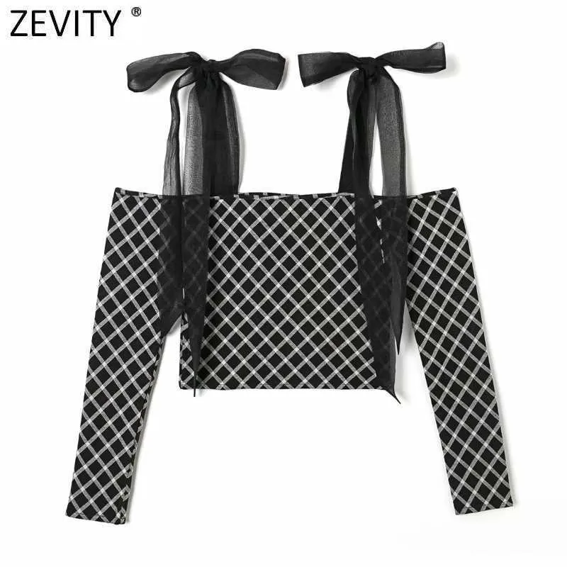 Zevity Women Vintage Organza Strap Patchwork Geometric Short Chic Strikkad T Shirt Ladies Slash Neck Casual Slim Crop Tops LS7553 210603