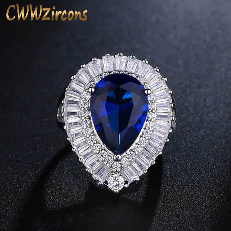 조정 가능한 크기 패션 여성 결혼 반지 고품질 배 모양의 어두운 파란색 크리스탈 링 CZ 돌 R097 210714