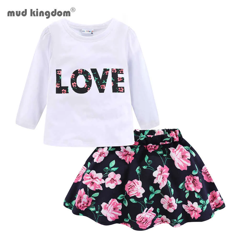Mudkingdom Set di vestiti per ragazze Love Long Sleeve Spring Gonna per bambini Outfit Floral Little Big Sister Cute 210615