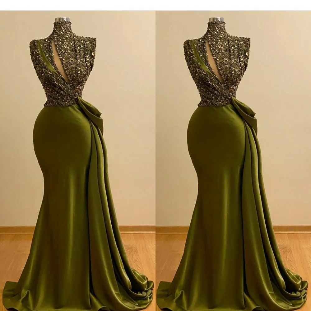 2021 Sexy Hunter Green Prom Dresses Hoge Hals Sleutelgat Levering Kant Mouwloze Mermaid Pailletten Sweep Trein Plus Size Long Party Avondjurken