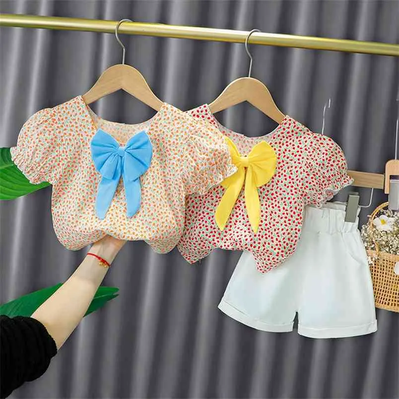 Летний костюм топ + шорты 2 шт. Bowknot Декоративная печать рисунков девушка одежда детская одежда девушки 210528