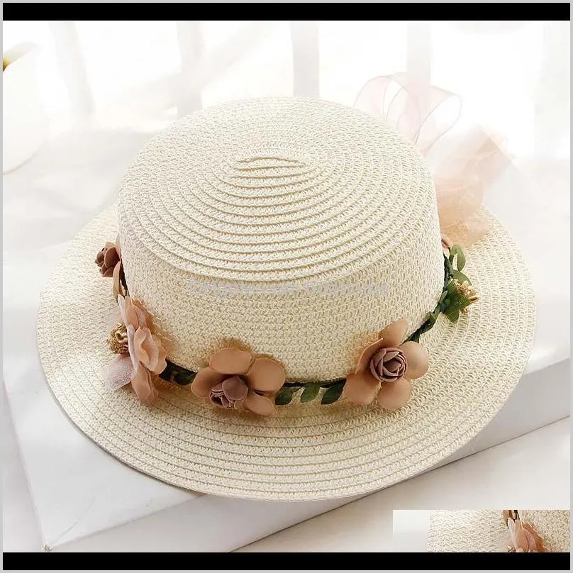 2021 parent-child summer new women`s sun hat bucket cap beige lace bowknot flowers ribbon flat top straw hat beach caps panama