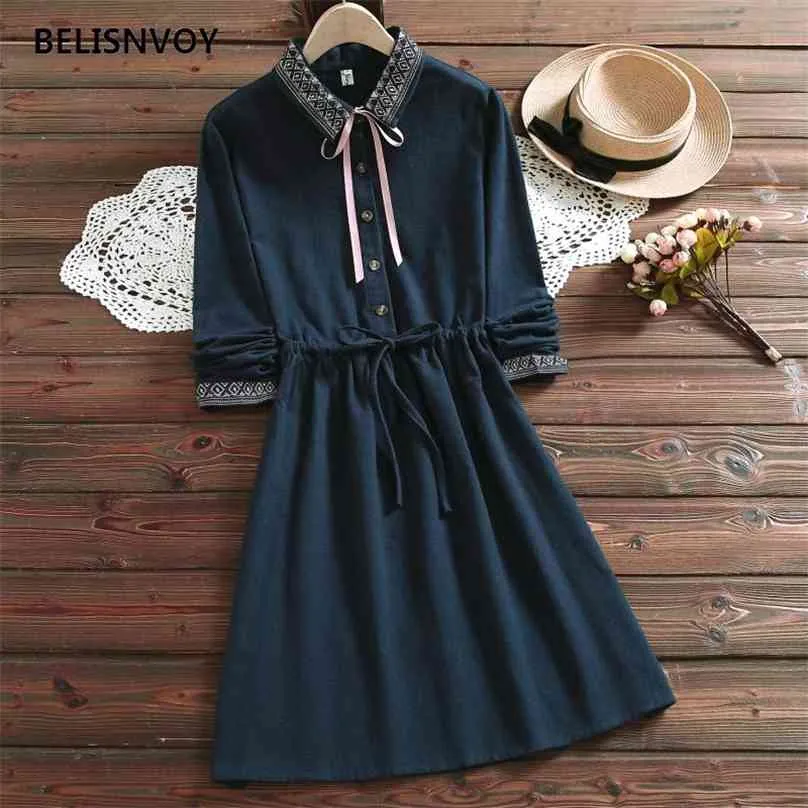 Mori Girl Spring Autumn Women Dress Turn-Down Collar Ribbon Lace Up Vestidos Embroidery De Festa Vintage 210520