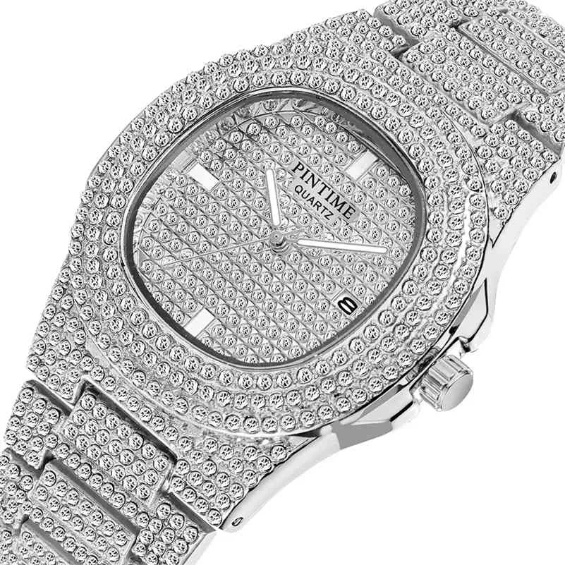 Envío de la gota Diamond Iced Out Watch Hombres HIP HOP Cuarzo Oro Relojes para hombre Top Brand Luxury Steel Reloj masculino Relogio Masculino 210329