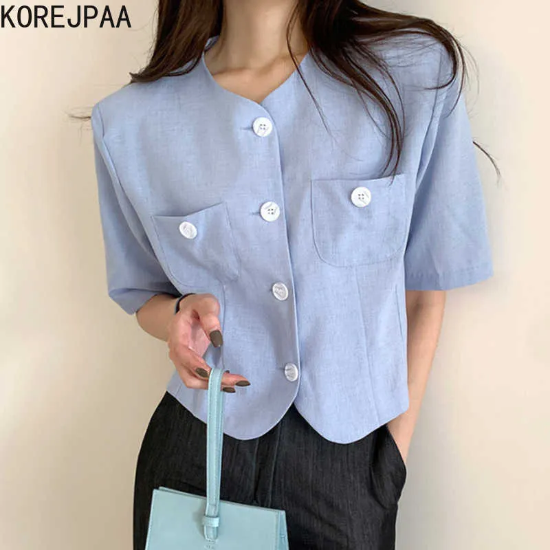 Korejpaa Kobiety Kurtka Lato Korean Fashion Simple V-Neck Loose Solid Color Casual Pocket Ramię Pad Puff Sleeve Kurtki 210526