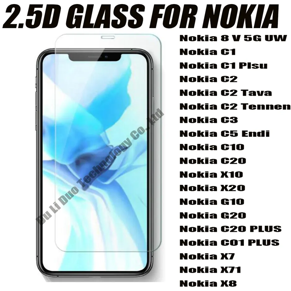 Protecteur d'écran de téléphone en verre trempé 2.5D 0.33mm, vente en gros, pour NOKIA 8 V 5G UW C1 C2 Plus Tava C3 C5 Endi c10 c20 x10 x20 g10 g20 x7 x71 x8