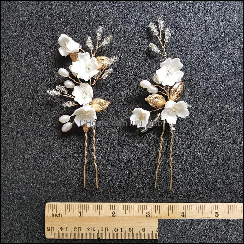 Hair Clips & Barrettes SLBRIDAL Handmade Alloy Leaf Ceram Flower Freshwater Pearls Bridal Pin Wedding Sticker Women Jewelry