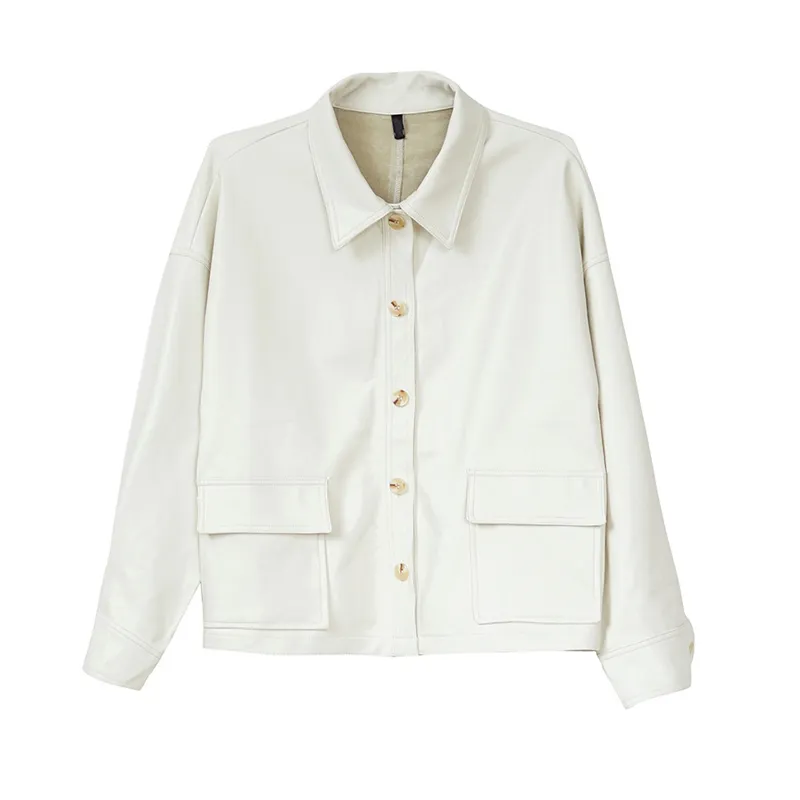 Kobiety PU Faux Leather White Black Jacket Pocket Curl Down Collar Outwear Button High Street C0032 210514