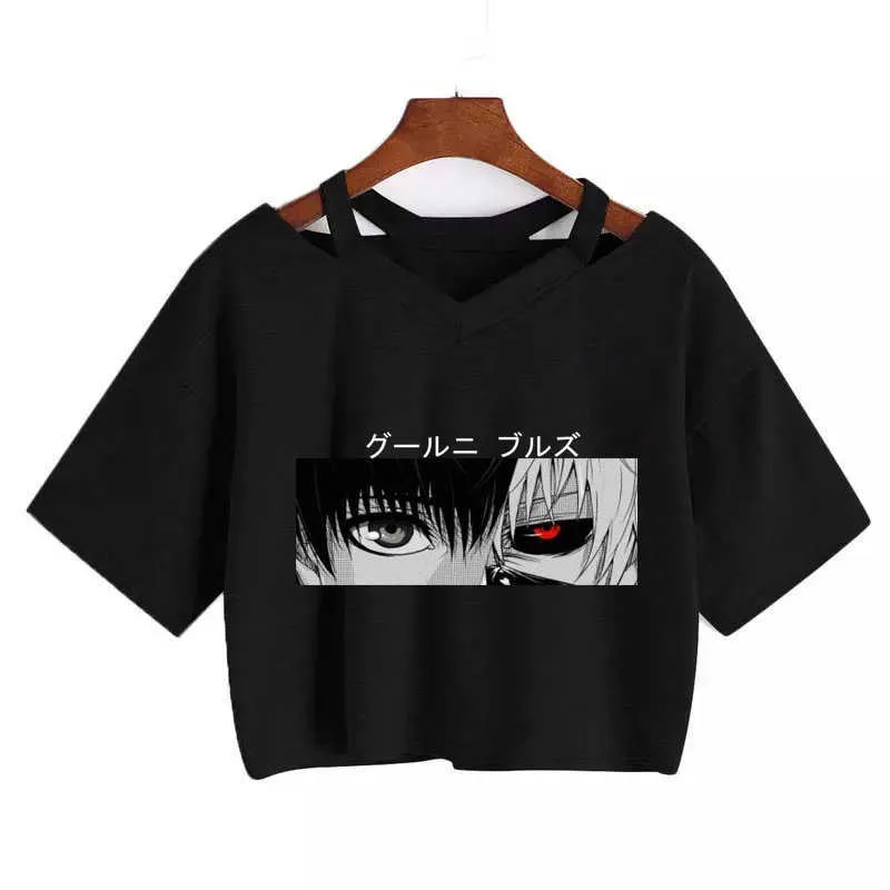 Women's T-shirt Funny anime T-shirt Gothic clothes y2k sexy Harajuku Oversize Tops-tee Ulzzang black Female Top Casual Sling Tee X0628