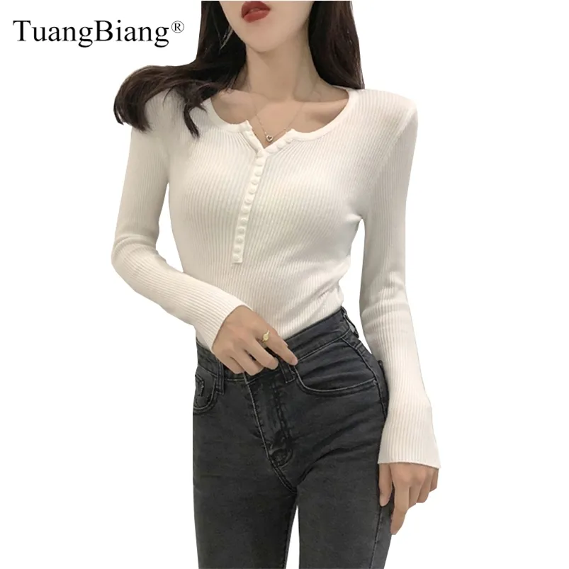Single Breasted Women Full Sleeve Button V-Neck Sweater Knitted Basic Elasticity Pullovers Autumn Spring Jumpers Ladies 210805