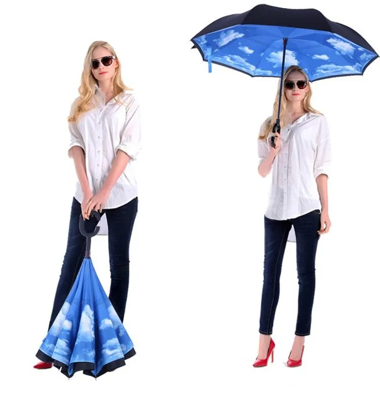 Folding Reverse Umbrella 52 Styles Double Layer Inverted Long Handle Windproof Rain Car Umbrellas C Handle Umbrellas T2I384