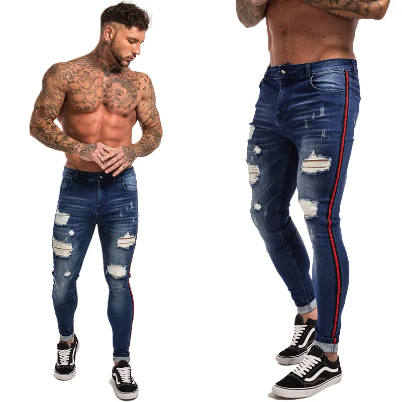 Jeans skinny da uomo Jeans strappati slim fit Grandi e alti elasticizzati blu per uomo Vita elastica effetto invecchiato zm21