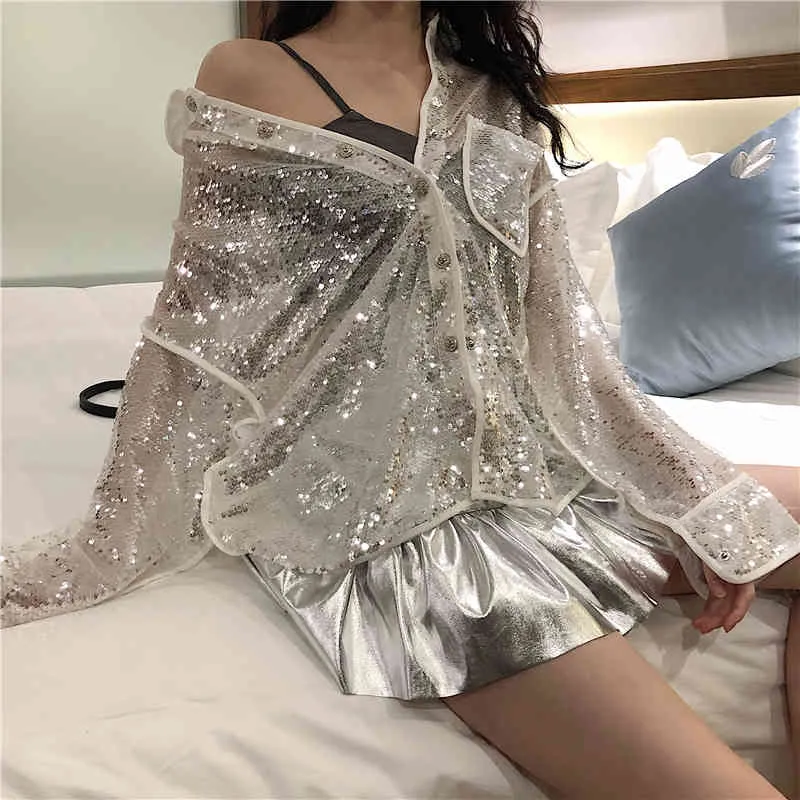 Metallic Tops For Women Women's Sequin Long Sleeve Top Sparkly V
