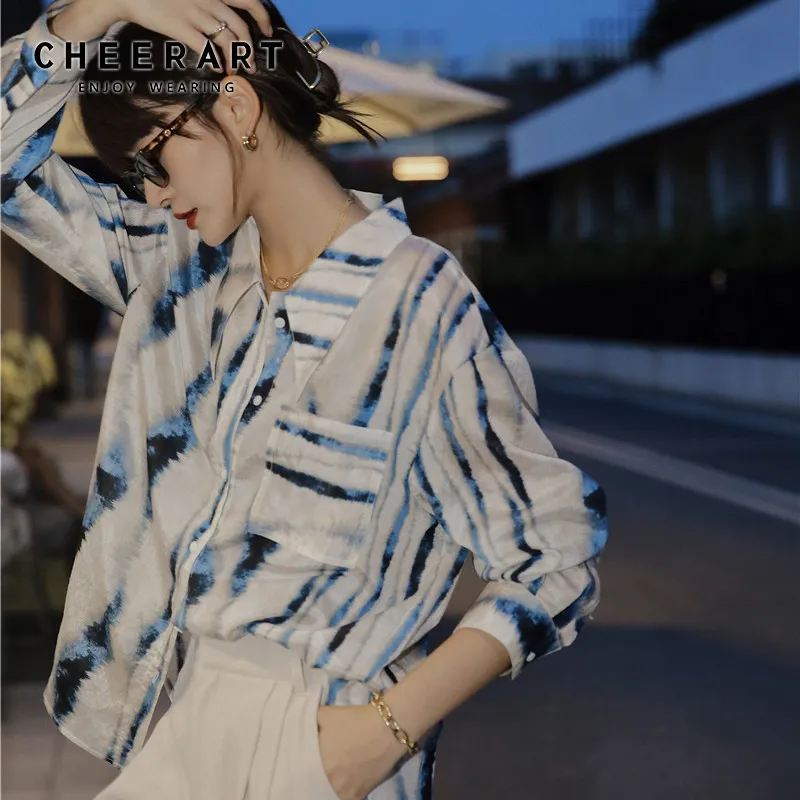 Синяя полосатая печать с длинным рукавом блузка женщины топ и белые дамы кнопка рубашка корейская мода одежда 210427