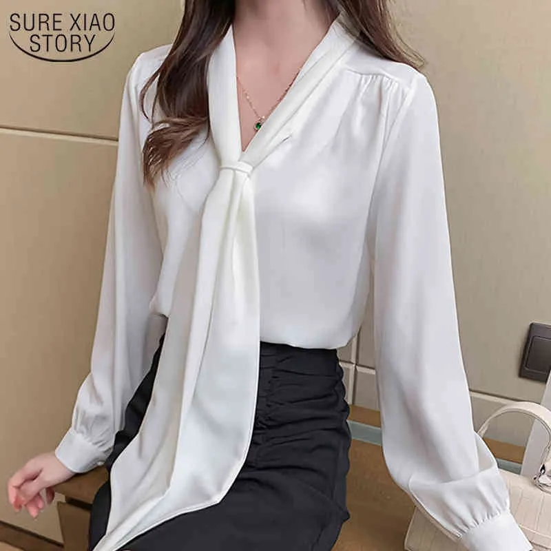 Moda Roupas Coreana Manga Longa Escritório Senhora Estilo V-Neck's Camisa Wome Bow Lace Up Blusa Chiffon Blusas Mujer 11276 210508