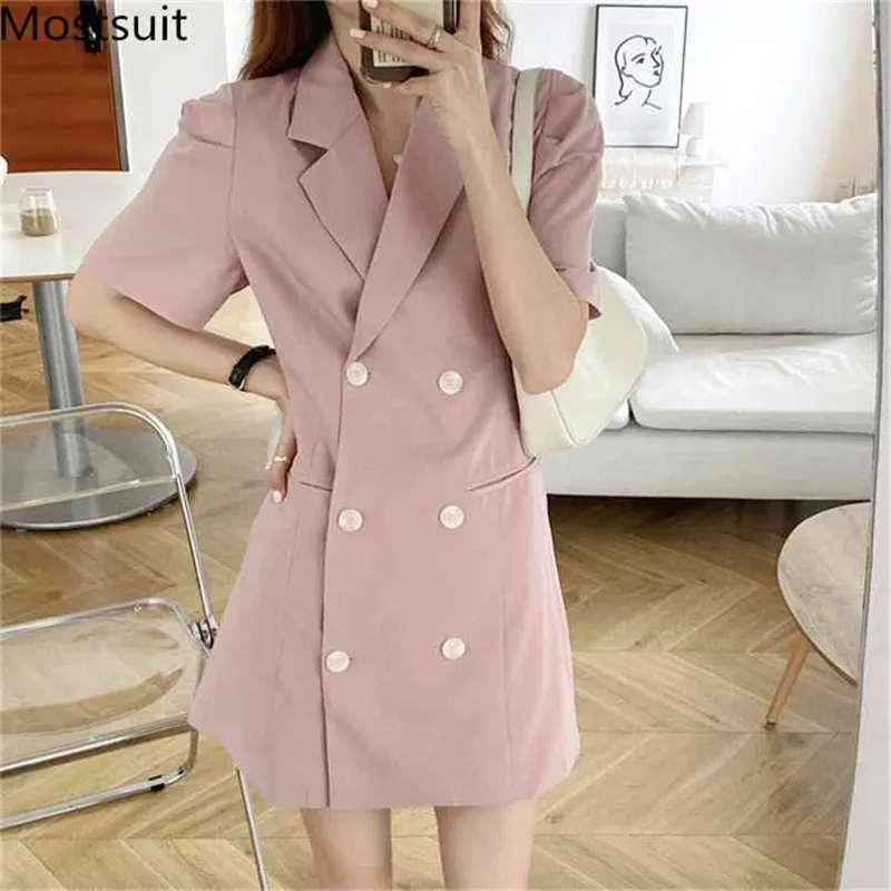 Sommer Zweireiher Mode Anzug Kleid Frauen Puff Sleeve Kerb Kragen Mini Kleider Koreanische Büro Elegante Vestidos 210513