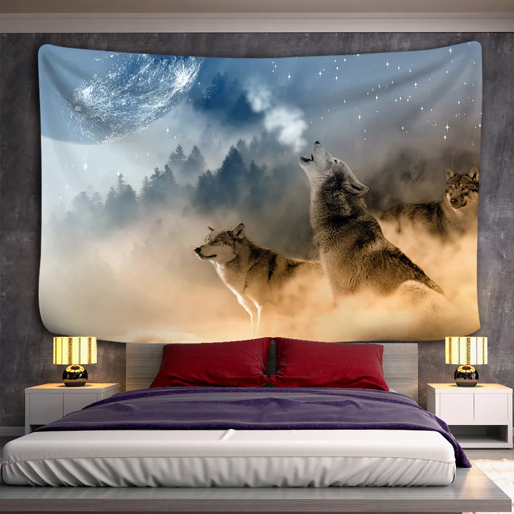 Djur Wolf Tapestry Bakgrund Psychedelic Vägg Hängande Tribal Animal Sheets Wolf Tapestry Heminredning Strandmatta