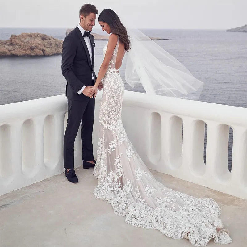 Ruglooze Zeemeermin Strand Trouwjurken 2021 V-hals 3D Kant Applique Sweep Trompet Steven Khalil Garden Bridal Dress232W