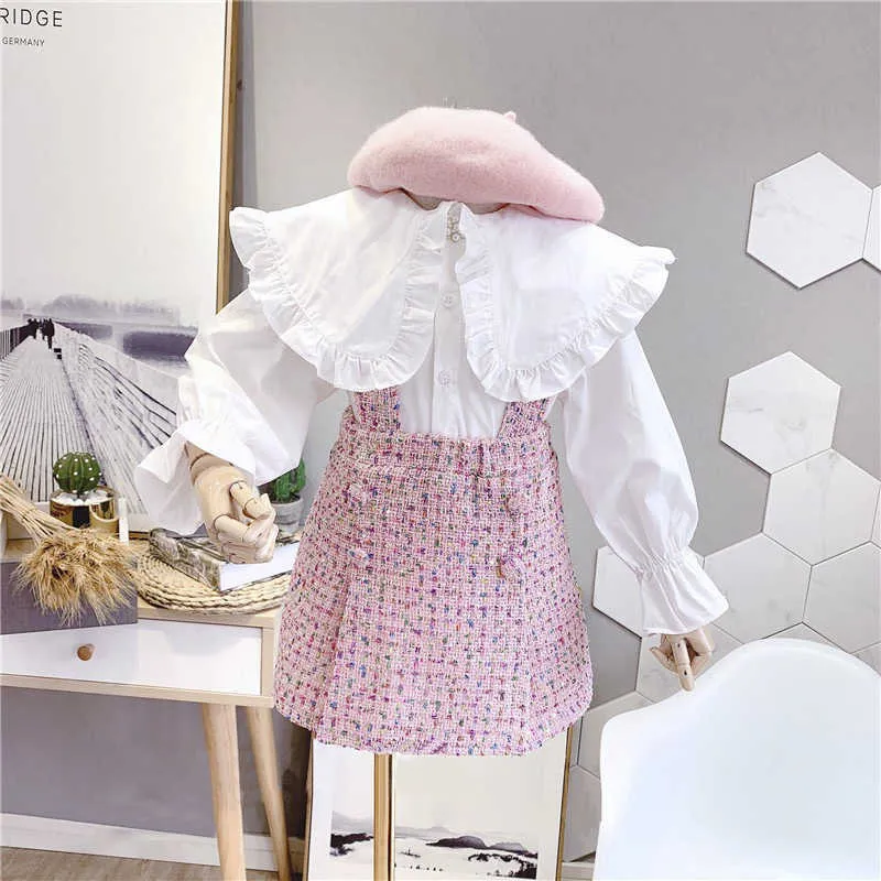 Peuter meisjes kleding set kleur dot riem rok pak outfits kinderen tiener meisje kleding ruche wit shirts schattige Koreaanse kleding x0902