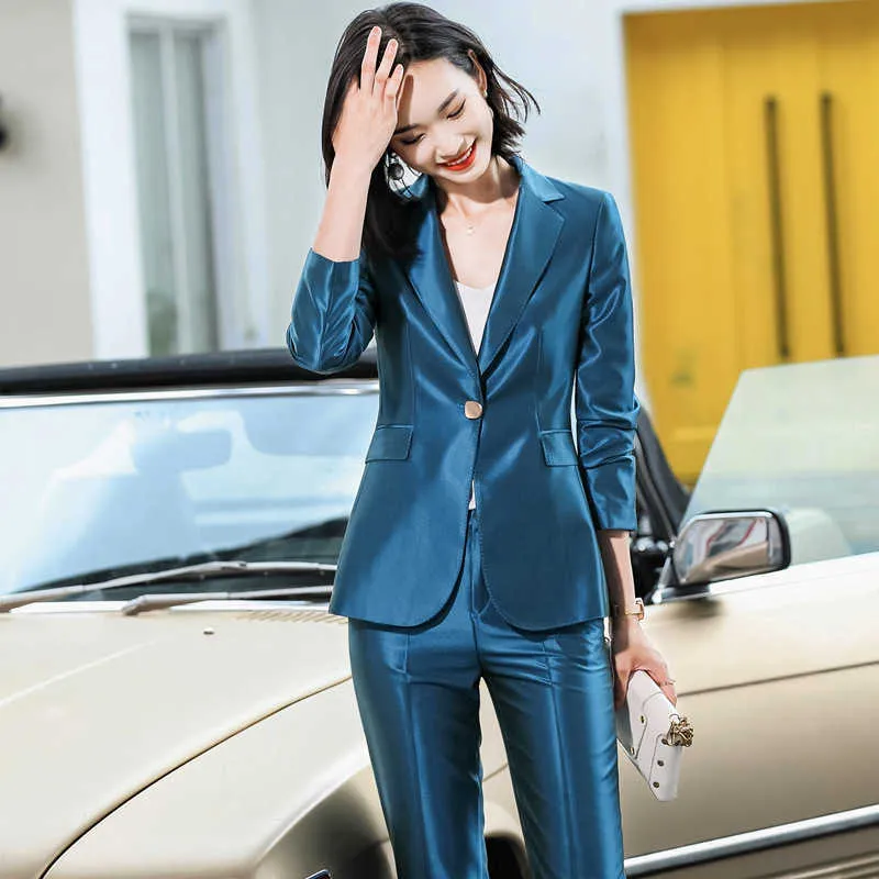 Temperament kvinnors kostym tvådelade högkvalitativa kontorsbyxor elegant affärer bär kvinnlig arbetskläder intervju outfit 210527