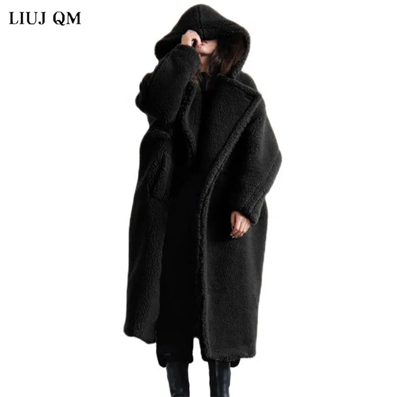 Teddy Bear Jaqueta Inverno Faux Pele Casaco Mulheres Preto Belted Wool Casaco Com Capuz Longo Quente Parkas Feminino Overdized Overdized 211110