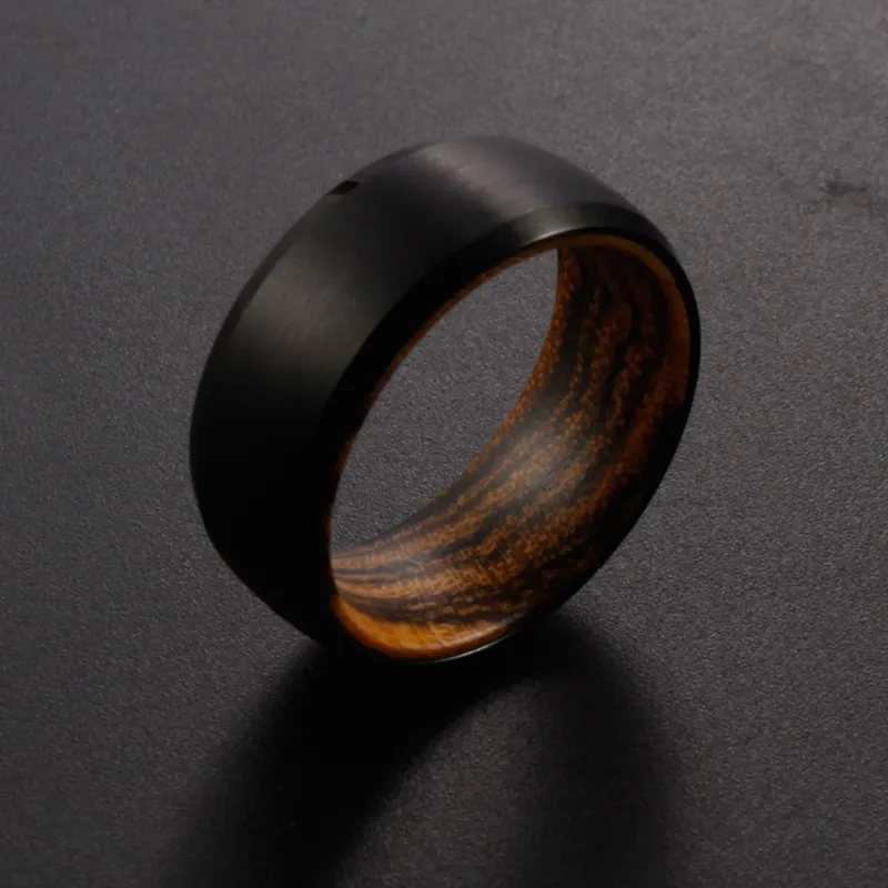 8mm Heren Zwarte Tungsten Carbide Ring Natuur Gouden Ebony Wood Inlay Wedding Bands afgeschuinde Edge Comfort Fit Maat 7-13