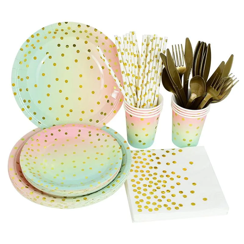 Disposable Dinnerware Color Polka Dot Bronzing Tableware For Wedding Birthday Party Decoration Plates Cups Paper Tablecloth