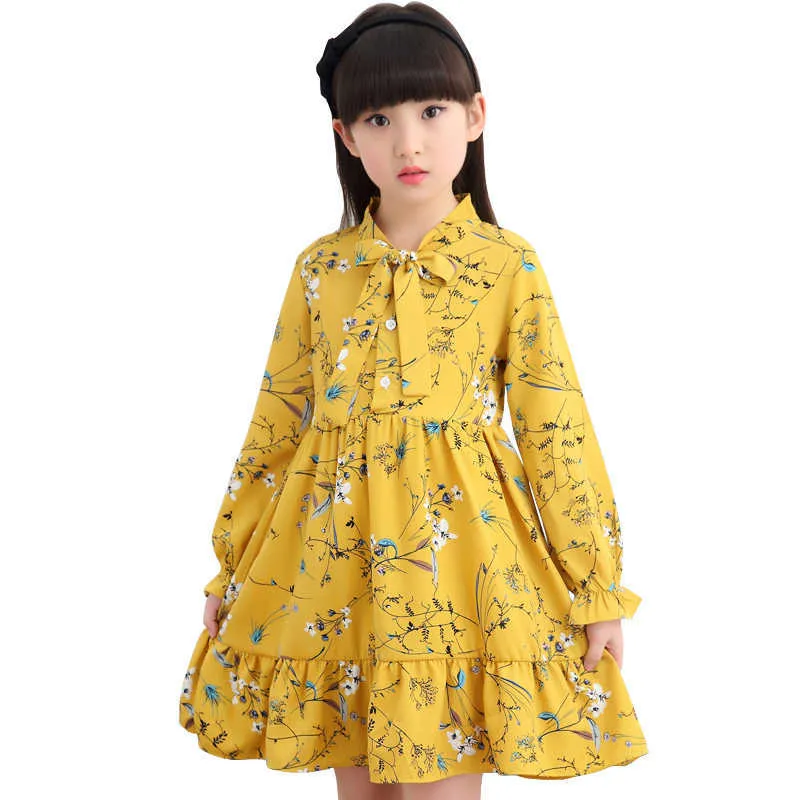 Adolescente meninas soltas vestido de chiffon manga comprida primavera outono floral impressão de algodão vestido para 4- 14 anos roupas de menina grande 2021 q0716