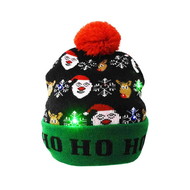 New Winter Ftival Xmas Party Pompom Led Hats Kids Led Light-up Caps Women Led Christmas Knitted Beani Hat